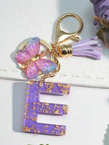 1pc Resin Starry Sky Epoxy English Letter Keychain With Tassel & Fluffy Pom Pom Decor, Gift For Friends & Mothers, Heart Pendant Christmas - Purple - View 21