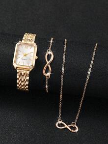 3pcs/Set Women's Gift Watch With Steel Band, Square Minimalist Roman Numeral Dial, Elegant Quartz Wristwatch + Bracelet + Necklace (Watch Box Not Included) - Gold - View 2