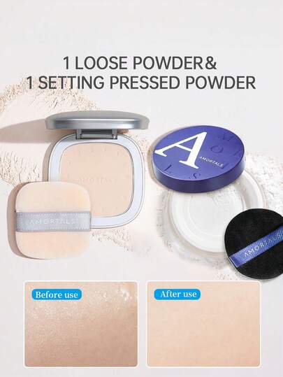 Amortals 6g Makeup Sponge + 8.5g Loose Powder, Invisible Pore Mattifying Setting Powder, Long-Lasting, Waterproof, Sweat-Proof, Covers Blemishes, Won't Cake, Soft Velvet Powder Puff, Suitable For Beginners, Makeup Artists, Gifts, Dates, Weddings, Christmas, Winter, Halloween, Thanksgiving, Graduation, Birthdays, Holidays, Spring/Fall, Y2K, Fashionable Women, Cosmetic Brands, Beauty, Parties, Beach, Travel, Camping, Outdoor, Campus Events, Decorative Gifts, Rose Girl, Cosplay, Premium Makeup, Ambiance