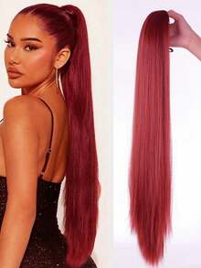 36英寸/92厘米长直马尾假发，女士自然隐形抽绳马尾 - 黑色 - 查看 13