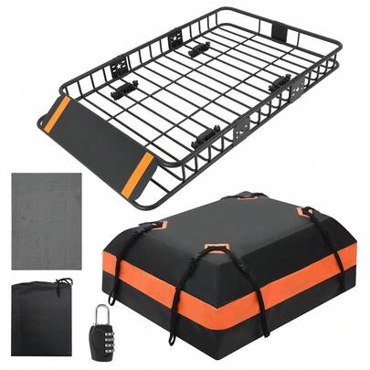 Universal Roof Rack Cargo Basket + 15 Cubic FT Waterproof Bag, Heavy Duty 200LB Capacity SUV/Truck Carrier With Anti-Theft Lock, All-Terrain Cargo Solution For Camping & Road Trips