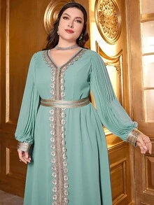 Plus Size Women's Embroidered Ribbon V-Neck Casual Maxi Dress, Arabic Style Long Sleeve Dress With Ribbon Decor, Suitable For Daily Wear And Festivals - Mint Green - View 5