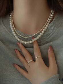 1pc Double Layer Pearl Choker Necklace, Elegant French Style Faux Pearl Wrap Around Necklace For Women, Lightweight Luxury Necklace Suitable For Work, Outdoor, Date Occasions - White - View 2