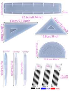 Kawaii Creative DIY Epoxy Resin Casting Mold Pen Shaped Ruler And Angular Gauge Shaped Resin Mold, Including Ruler And Angular Gauge DIY Epoxy Resin Casting Mold Process, DIY Resin Craft Production Kit - Used For Ballpoint Pens, Silicone Pen Molds, Red, Black And Blue Ballpoint Pen Cores, DIY Resin Casting Molds, Pen And Ruler Protractor Production