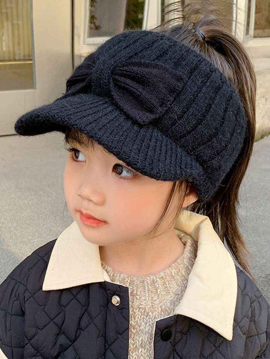1 件女童可爱蝴蝶结针织帽，温暖厚秋冬休闲户外婴儿帽 - 黑色 - 查看 1