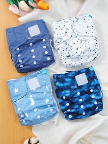 4 piezas de pañales para bebé impermeables y transpirables con diseño de gancho y bucle con estampado de sol y luna - Multicolor - Ver 2