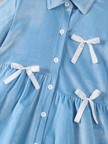 Elegant & Fashionable Casual Solid Color Turndown Collar Long Sleeve Bow Decor Girls Dress, Autumn/Winter