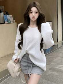 White Crew Neck Sweater For Women, Loose Fit Cozy Knit Pullover, High-Quality Soft Casual Long Sleeve Top For Autumn/Winter