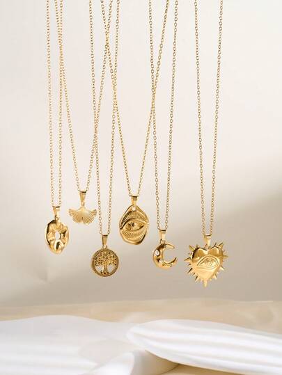 1 件时尚简约 18K 镀金不锈钢项链，带心形、璀璨之眼、3D 月亮、不对称花朵、空心神秘邪眼、空心生命树、银杏叶吊坠，低过敏性，适合女性，日常、派对、度假、分层佩戴