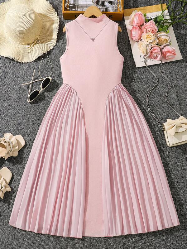 Left Mama Girls' Elegant Stand Collar Sleeveless Pleated Dress, Summer