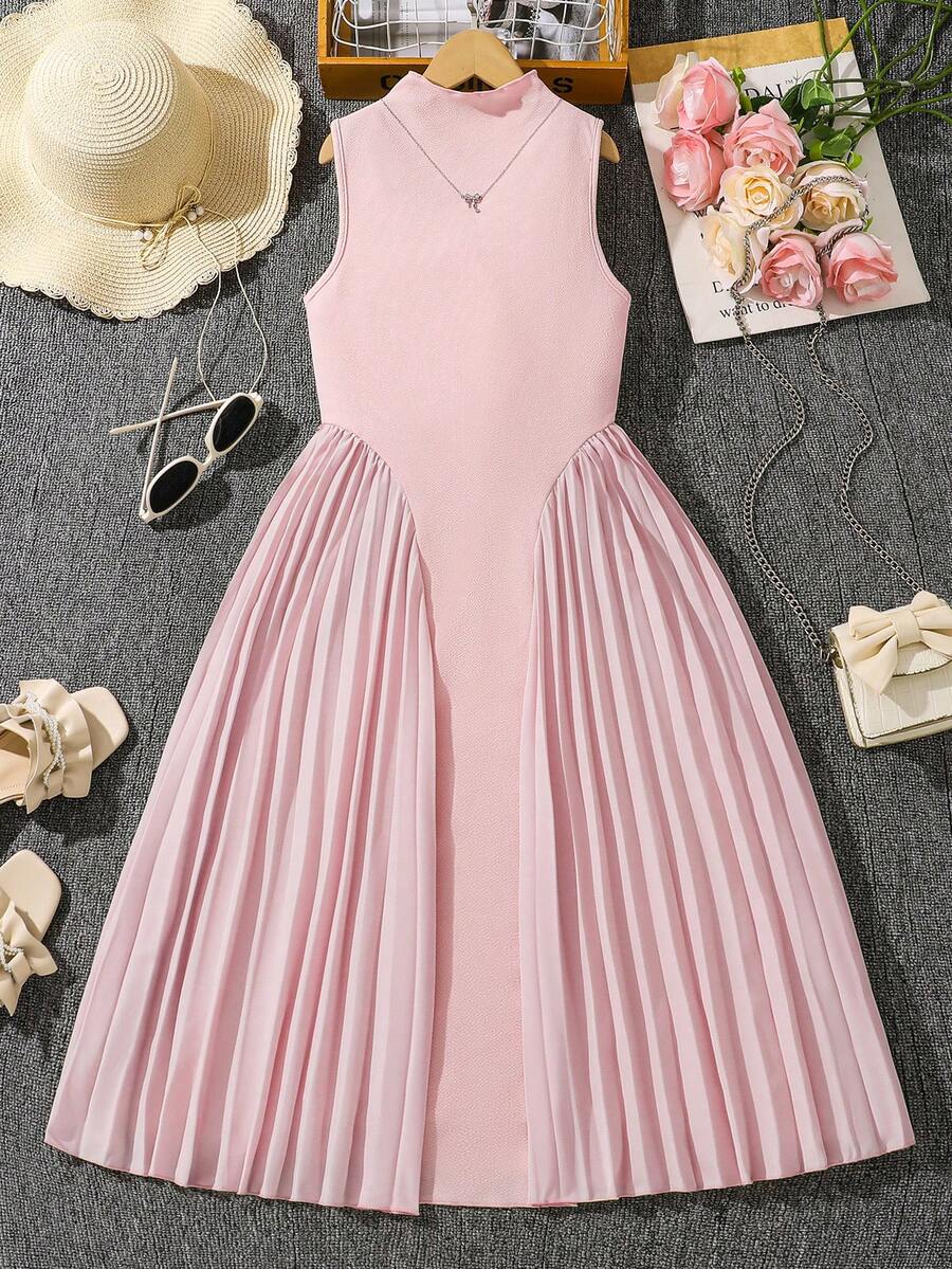 Left Mama Girls' Elegant Stand Collar Sleeveless Pleated Dress, Summer - Pink - View 1