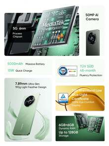 Realme 12X 5G 解锁手机 4GB+128GB 全球版，5G LTE，Andriod 14 智能手机，50MP AI 摄像头，120Hz 显示屏，速度快，Dimensity 6100+ 5G 芯片组