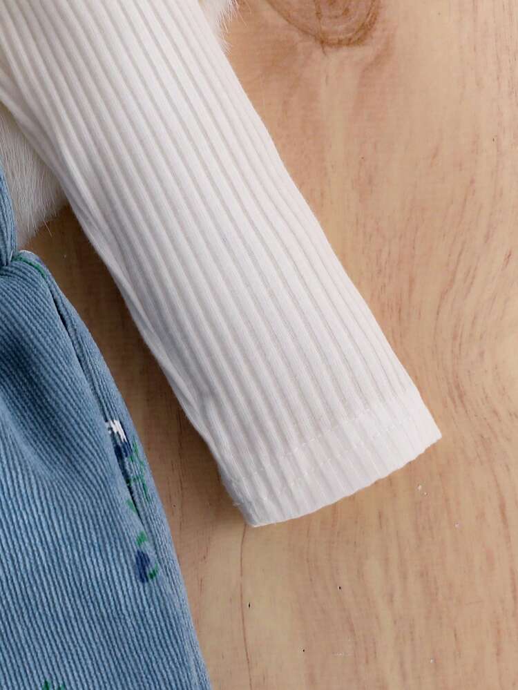 2pcs Baby Girl Casual Solid Color Ribbed Long Sleeve T-Shirt Top And Ditsy Floral Bow Decor Bib Overalls Pants Set - Blue - View 6