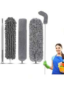 4pcs Ultra-Fine Fiber Duster, Extendable Spider Web Duster With 100-Inch Stainless Steel Handle, Reusable And Washable. Ceiling Fan Cleaner, Suitable For Dusting, Blinds, Cars, High Ceilings And Other Cleaning Tools - Grey - View 7