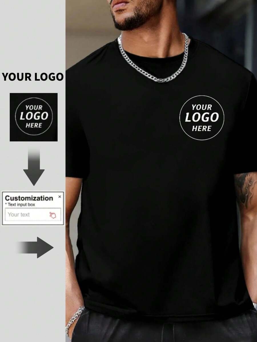 Personalized Customized Logo & Design Print Men's Summer Short Sleeve T-Shirt - Casual Round Neck, Breathable 100% Cotton, Perfect For Personalized Style, Basic Style, Easy To Match - Black - View 1