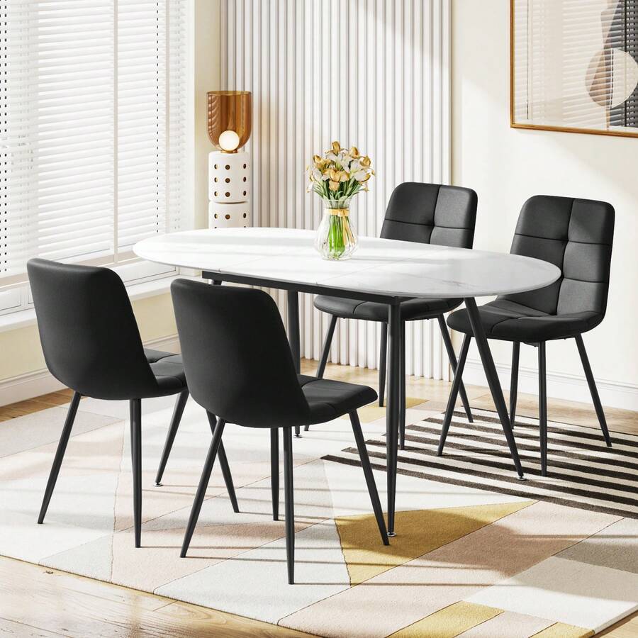 Extendable Dining Table And Chairs Set Of 4, Oval Mable Effect Table With Upholstered Chairs For Dining Room (Black Line, Set Of 4)