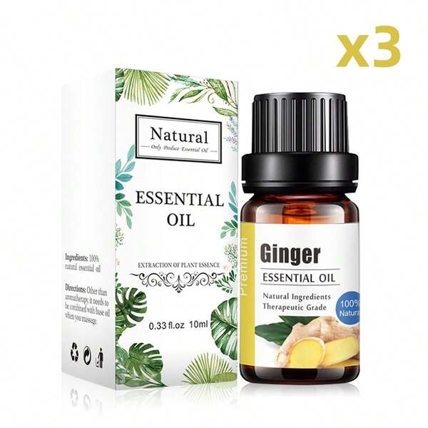 3 pezzi da 10ml/0,33 fl.oz Olio essenziale puro di zenzero per aromaterapia, ingredienti naturali, per aggiungere profumo a pietre profumate, umidificatori, diffusori d'aria per massaggi, doccia e bagno schiumoso, idratante KH-026