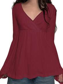 Women's Y2K Fairy Lace Trim Tops Long Sleeve V Neck Front Wrap T-Shirt Casual Fitted Flowy Shirts 2000s Aesthetic Coquette Blouse Top Streetwear - Màu Đỏ Sâu - Xem 1