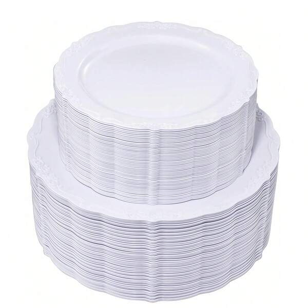 1 peça/10 peças/15 peças/25 peças (19cm/26cm) Prato Redondo Branco Semelhante a Porcelana com Relevo, Prato para Salada de Frutas, Prato de Jantar, Reutilizável e Lavável, Adequado para Reuniões Familiares, Festas de Casamento, Atividades ao Ar Livre, Treinamento em Equipe