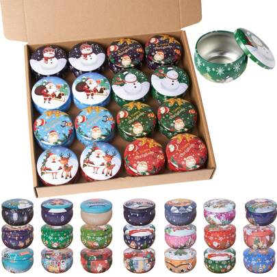 16Packs Christmas Themed Metal Candle Jars, 2.5Oz Scented Candle Tin Box, Empty Tin Can With Lid, Holiday Home Kitchen Decoration, Party Supplies, Gift Jars For DIY Candle Making, Christmas Decorations, Candy Storage Boxes, Party Favors, Home And Room Decorations, Etc., Christmas Gifts