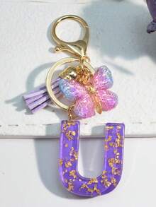 1pc Resin Starry Sky Epoxy English Letter Keychain With Tassel & Fluffy Pom Pom Decor, Gift For Friends & Mothers, Heart Pendant Christmas - Purple - View 6