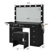FUSOU Vanity Desk With Mirror & 12 LED Lights, Makeup Table With Power Outlet, 9 Drawers, Glass Top & Fold-Up Panel, White Dressing Table For Bedroom - Black - View 3