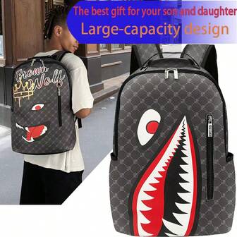 鲨鱼嘴造型大容量多功能背包，男女通用，学生笔记本电脑包，短途通勤及上学必备，圣诞节、感恩节、情人节礼物，旅行洗漱包，化妆包，沙滩包，度假必备，学习用品，旅行必备，女士大学宿舍浴室必备