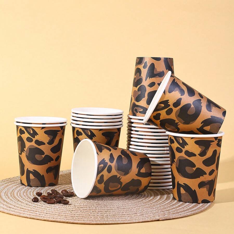 10 Stücke/20 Stücke/40 Stücke, Leoparden-Muster 9oz Papierbecher Party Zubehör - Geparden-Muster Geburtstags-Dekorationen Geschirr Becher, Tier Leoparden Thema Geburtstags Party Becher für Baby-Shower Party Gastgeschenke Dschungel Thema Zubehör - Braun - Übersicht 1
