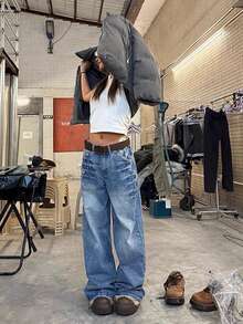 女士时尚铆钉设计直筒牛仔裤 - 藍色 - 查看 1