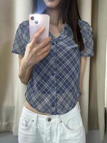小众美式英伦校园风条纹半透视修身短袖雪纺衬衫 - 深藍色 - 查看 3