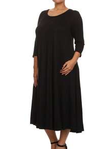 Plus Size Casual 3/4 Sleeves Basic A-Line Pleated Solid Midi Dress  Wedding - Black - View 2