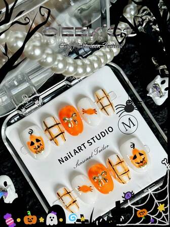 Handmade, Press-On Short Nail Tips (10 Pcs) - Halloween Manicure Set, Hand-Painted Pumpkin And Candy, Pumpkin Color Mesh, Trick-Or-Treat Design, Shiny Finish, Novel Solid Color Design, 3D Bow Metal Decorations - Quick Manicure Set. Cute Style, Perfect Match For Halloween Costumes. Transform Your Look With Artistic Nails. Ideal For Small Makeup Travel Bags.