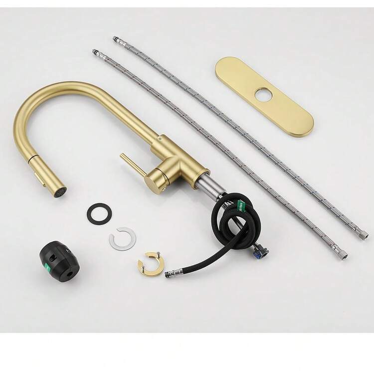 Senlesen Grifo de cocina de acero inoxidable dorado cepillado con cabezal rociador desmontable, grifo moderno monomando para agua fría/caliente, incluye placa cubierta redonda de 8 pulgadas, doble modo de flujo de agua, compatible con 1 y 3 orificios, apto para cocinas, comedores, bares, lavaderos y uso en exteriores, accesorios de cocina, regalo de Navidad. - Oro cepillado - Añade 11