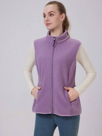 1件装 女士户外纯色拉链领休闲抓绒外套/背心/抓绒夹克/抓绒背心/加厚修身背心外套，秋冬季