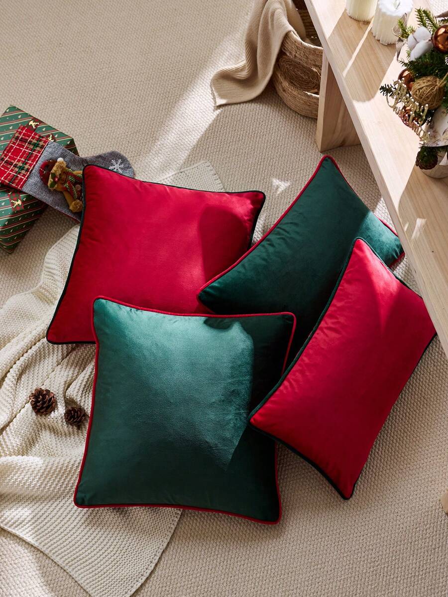 Juego de 2 fundas de cojín decorativas de terciopelo rojo y verde de 18x18 pulgadas, fundas de cojín de acento neutras suaves con textura vintage para el sofá de la granja, decoración del hogar lujosa, decoración navideña, regalos navideños, regreso a la escuela, útiles escolares (SIN RELLENO)