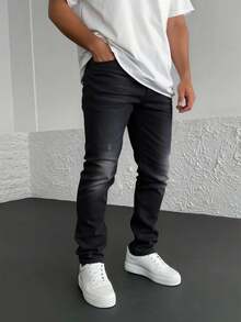 Pantalones vaqueros negros con efecto de lavado degradado, tiro alto y corte entallado, versátiles para uso casual - Negro - Ver 2