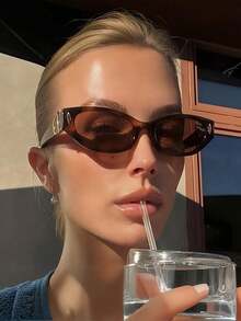 1pc Retro Small Frame Cat Eye Leopard Print Glasses, Rivet Decor Street Style Fashion Glasses For Women