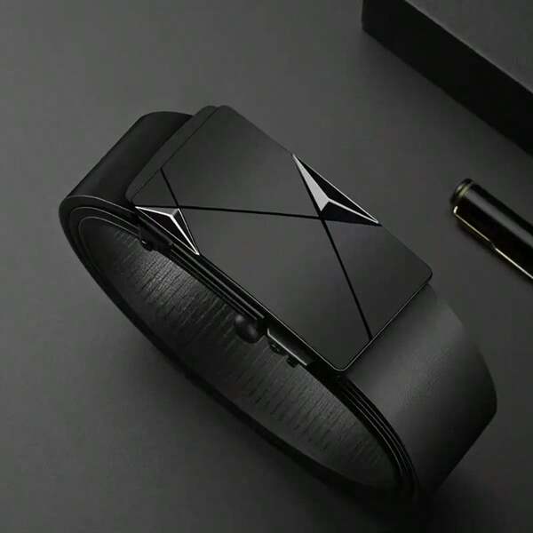 1PC Men's Automatic Buckle Belt, Black Samurai Shape, High-Grade Solid Leather, Enhance Confidence And Aura, Suitable For Business Casual, Business, Boyfriend, Husband, Father's Gift, Suitable For Daily Wear, Fashion, Teenagers, Outdoor, Vacation, Sports