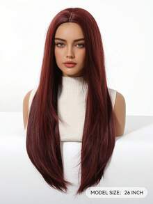 Tóc giả tổng hợp màu vàng vàng, tóc thẳng dài, tóc giả tự nhiên cho phụ nữ, tóc giả phần giữa, tóc giả hóa trang, tóc giả chịu nhiệt - Màu Đỏ Sâu - Xem 5