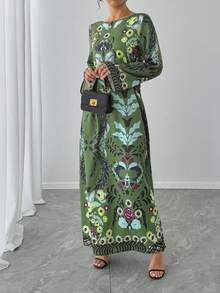 1 件女式花卉和叶子印花长袖超长连衣裙，绿色，休闲，度假，优雅阿拉伯风格长袍，奢华派对/节日连衣裙 - 綠色 - 查看 2