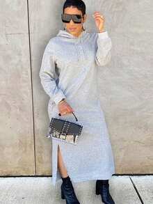 Vestido sudadera con capucha casual y largo para mujer, cálido con abertura lateral y detalles de cordón, con elasticidad media - Gris - Ver 1
