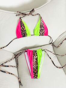 Bộ bikini 2 mảnh họa tiết da báo neon - Áo tam giác có dây đeo điều chỉnh được và quần cạp cao buộc dây bên hông | Đồ bơi nữ phù hợp cho các bữa tiệc bãi biển và hồ bơi - Nhiều màu - Xem 5