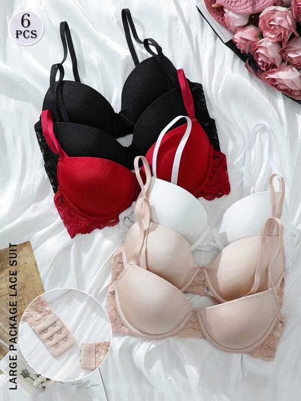 6PCS Men's Elegant Contrast Lace Sexy Push Up Bra
