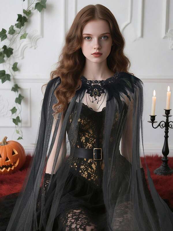 1pc Gothic Halloween Feather Black Veil Cape Satin Cape, Feather Cloak Cape With Black Fur Collar Net Satin Cape Midiirt Tail Stage Performance Costume, Sexy Satin Party Outfit (Without Mask)