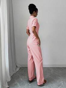 Nuevos pantalones de trabajo para mujer para el otoño y el invierno, para una elegancia informal en el día a día. Mujer jumpsuit estilo moderno con cierre, ajuste holgado, cuello tipo camisa, manga corta, primavera-verano, ideal para uso diario, categoría de moda. - Rosa - Ver 3