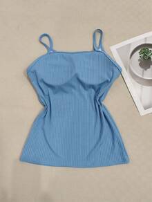 Women's Thin Strap Ribbed Tank Top With Padded Cup - Baby Blue - View 2
