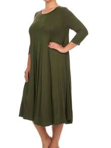 Plus Size Casual 3/4 Sleeves Basic A-Line Pleated Solid Midi Dress  Wedding - 橄欖綠 - 查看 2