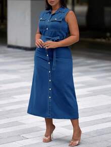 Women's Dark Blue Washed Sleeveless Denim Midi Dress, Elegant Slim Fit With Front Button Closure & Self-Tie Waist, Casual & Vacation Must-Have - Medium Wash - View 3
