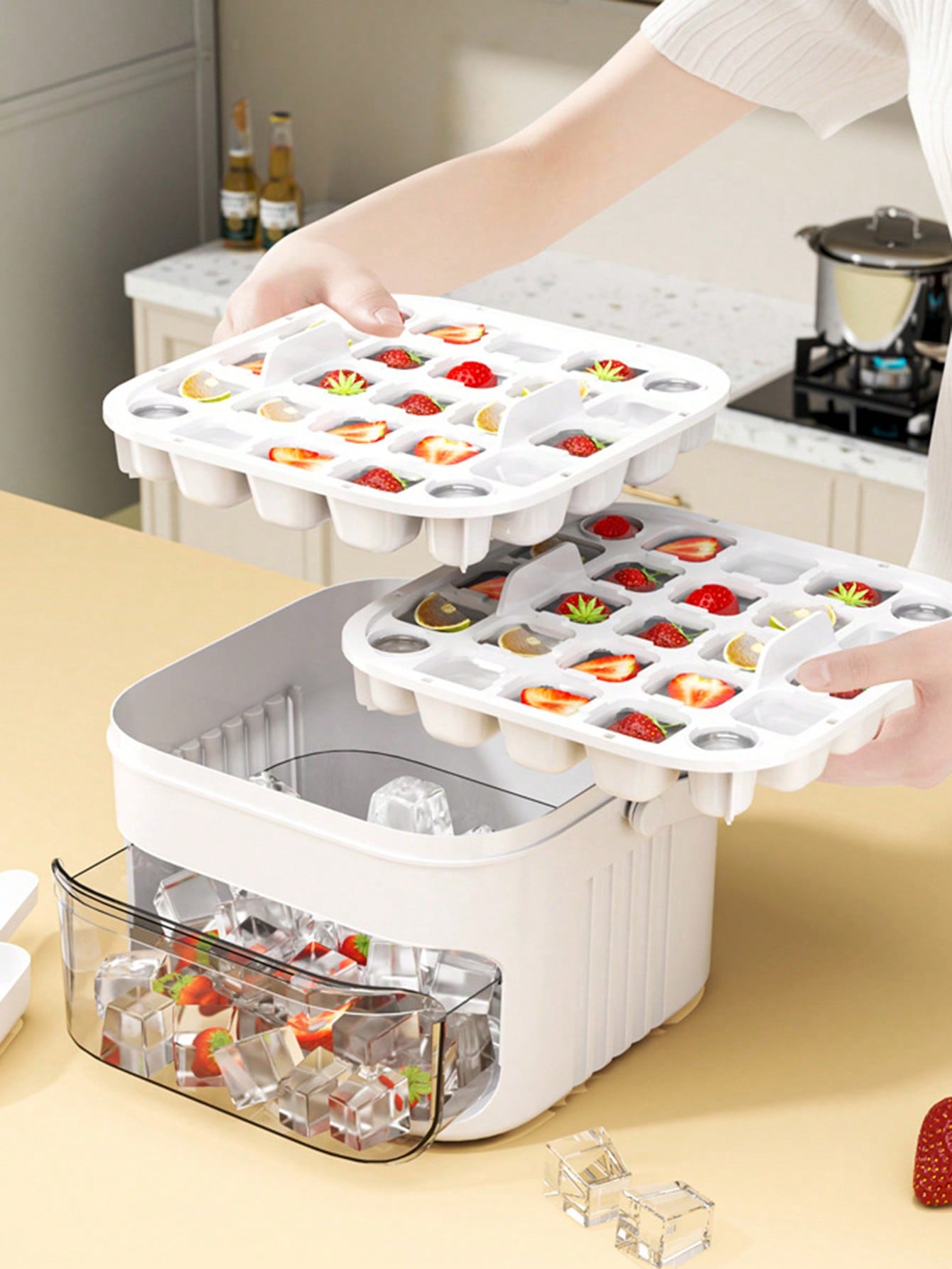 قالب صنع مكعبات الثلج بضغطة واحدة، قالب تخزين كتل...