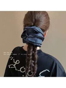 Fashion Retro Plaid Double-Layer Large Intestine Hair Band Low Ponytail Hair Rope Ball Head Women's Rubber Band Hair Tie Head Rope Head Flower Hair Accessories - 寶藍色 - 查看 2